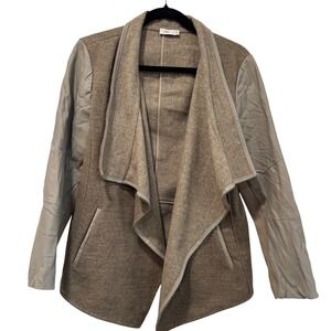 Vince. Womens Wool Blend Leather Sleeve Draped Open Front Jacket Taupe Large